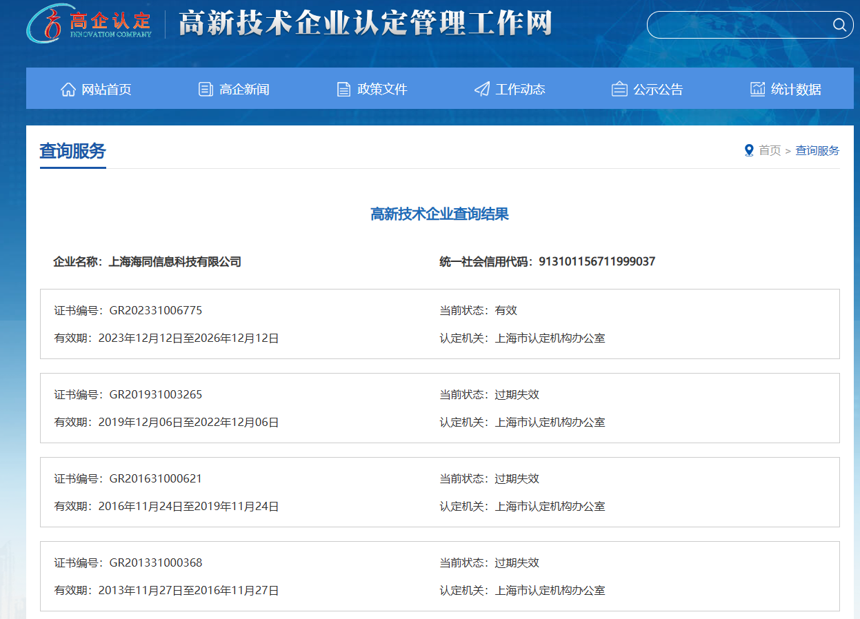 海同科技连续四次通过国家“高新技术企业”认定！